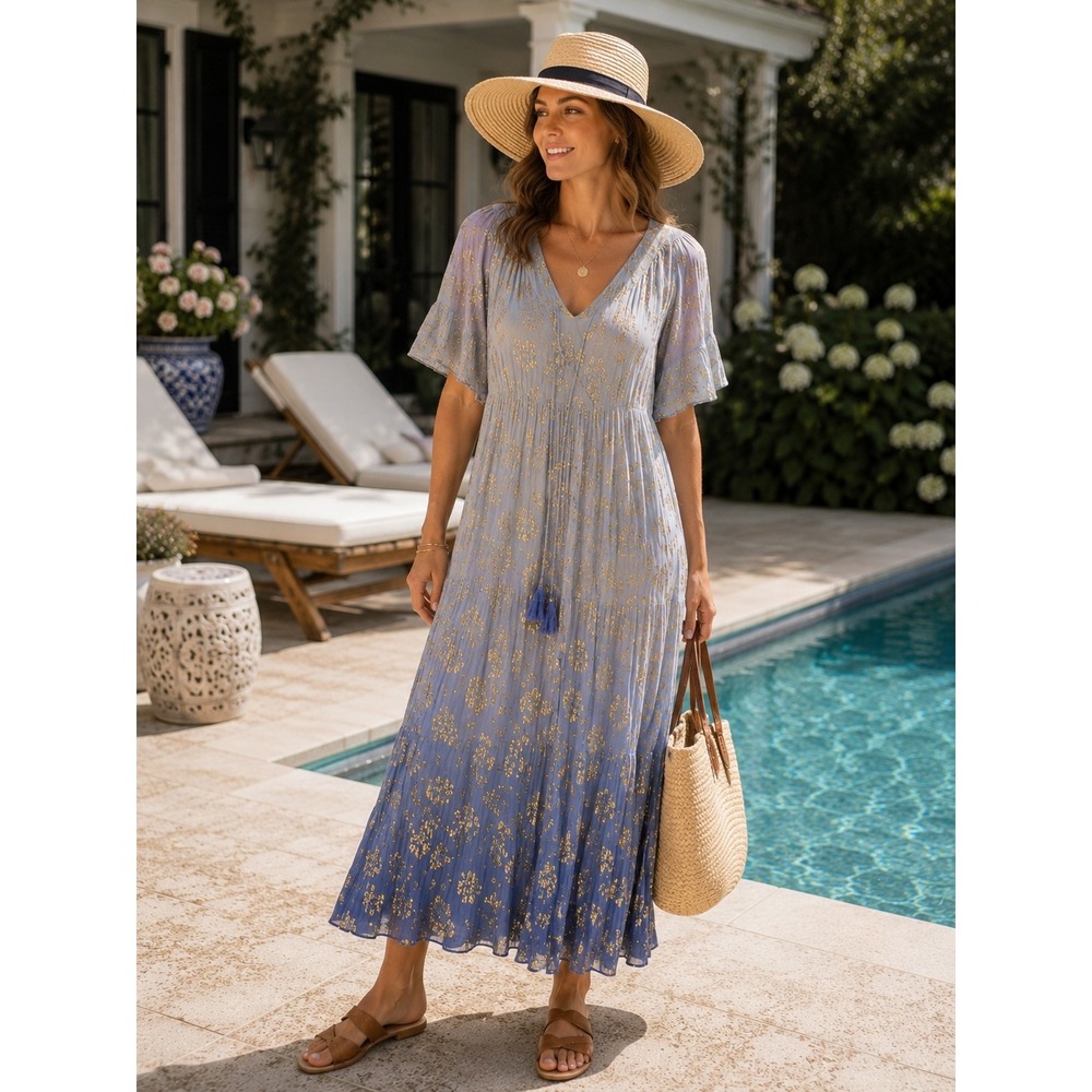 Debbie‎ Katz South Beach Blue Gold Metallic Floral Maxi Dress Boho Tassel Medium